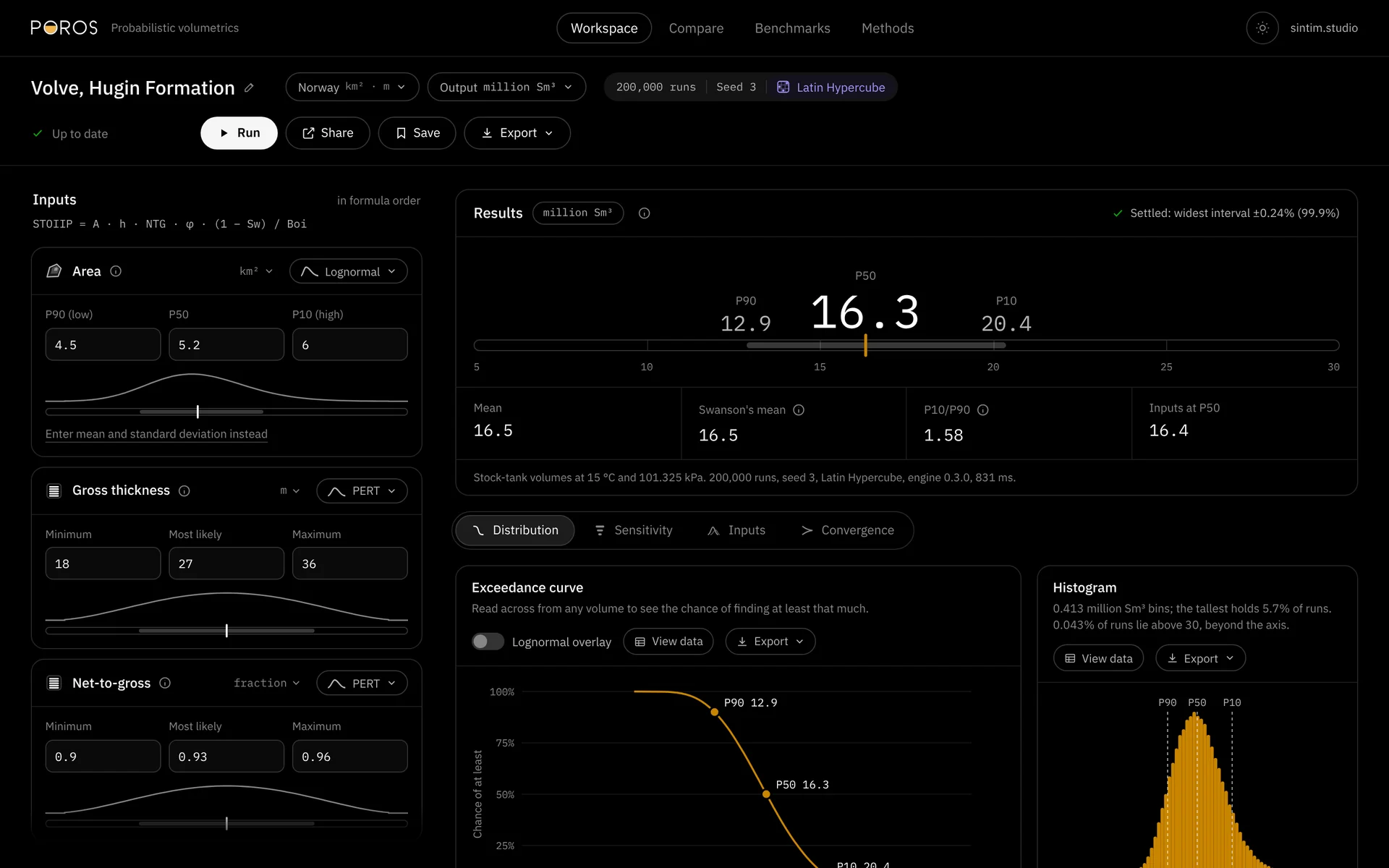 The Poros workspace on the Volve case: the inputs, the P90, P50 and P10 result and the exceedance curve