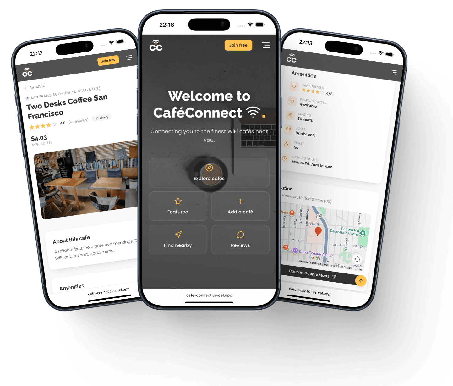 CafeConnect on three phones: a café's details, the home screen, and its amenities with a map