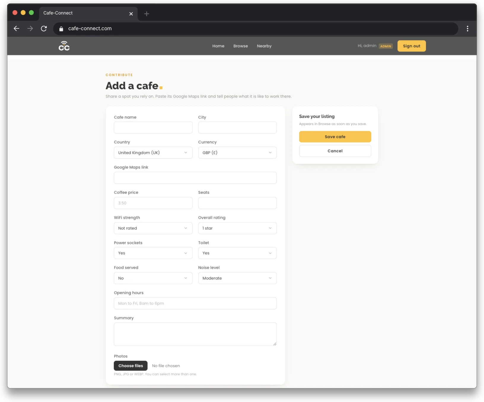 The add-a-cafe contribution form