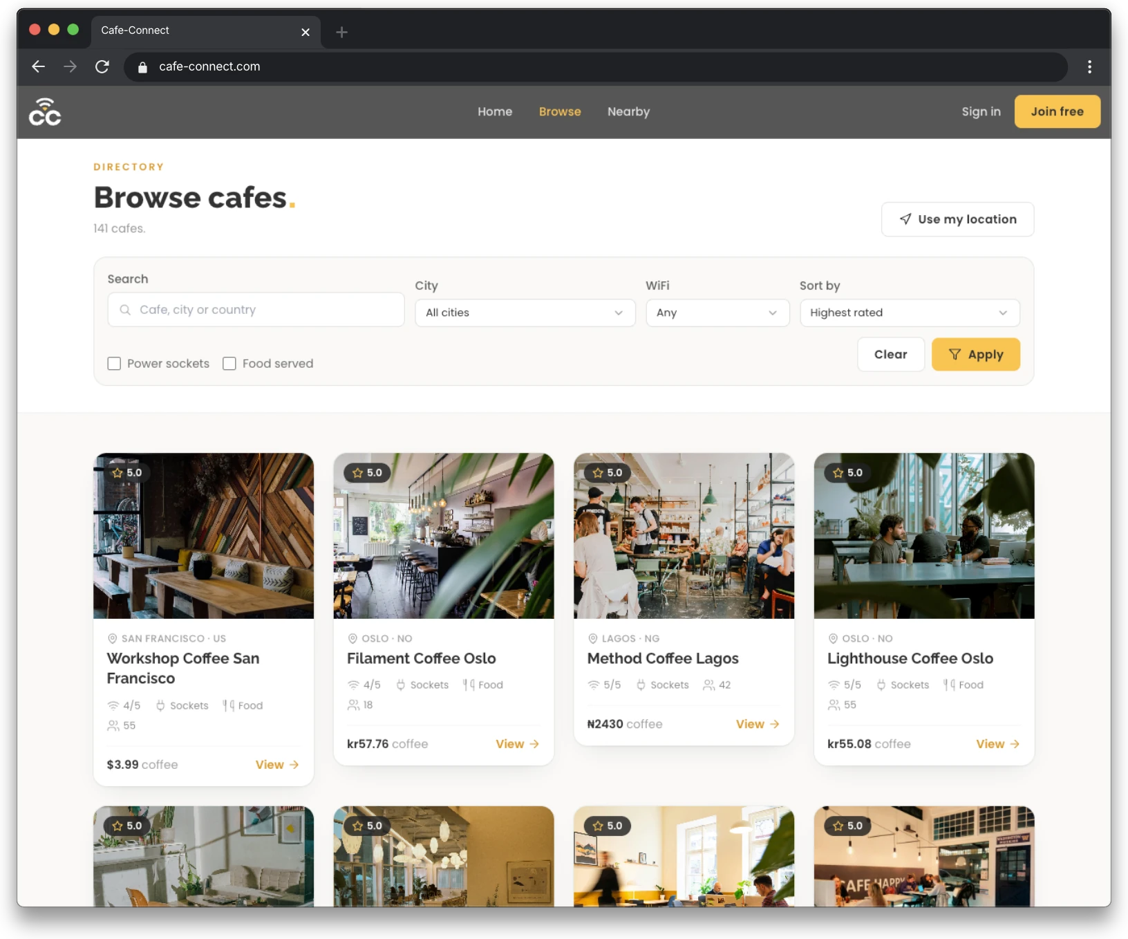 Browsing and filtering the cafe directory