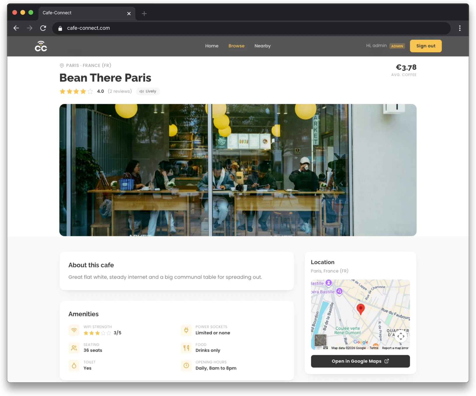 A single cafe detail view with amenities and location