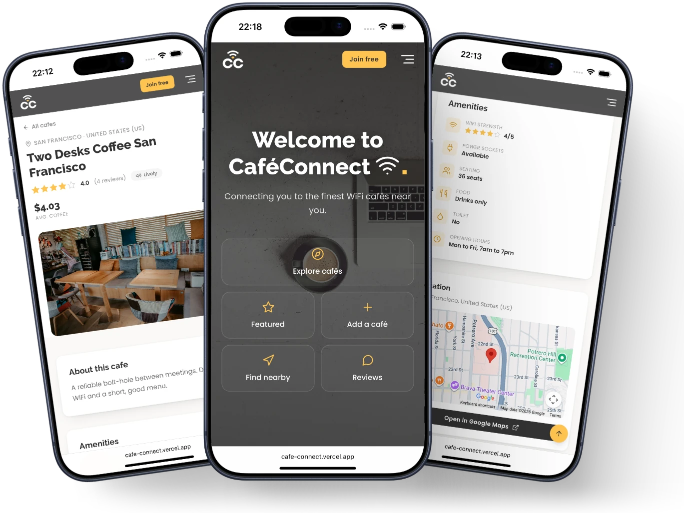 CafeConnect running on three phones: cafe detail, home, and amenities with map