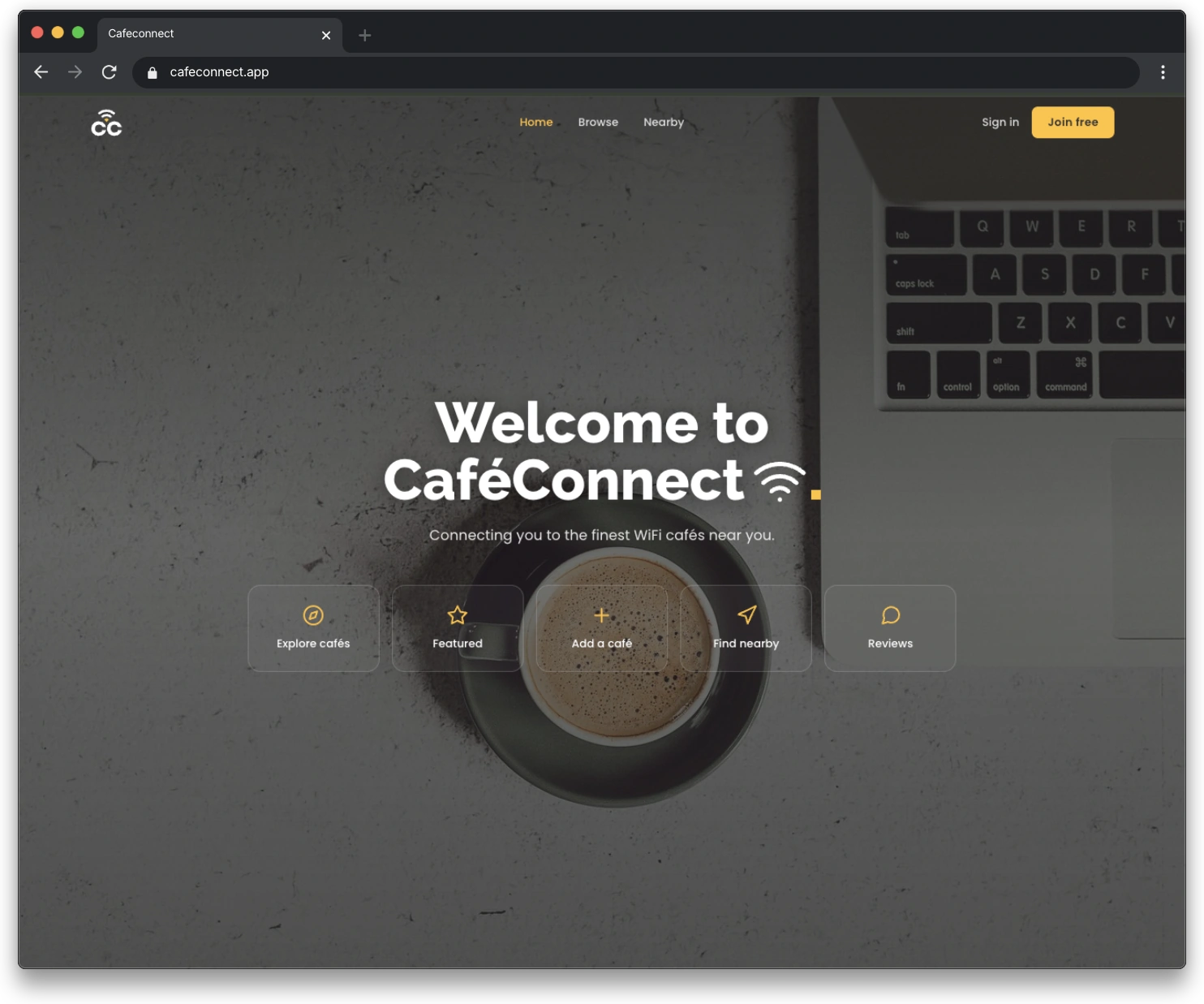 CafeConnect landing page in a browser window